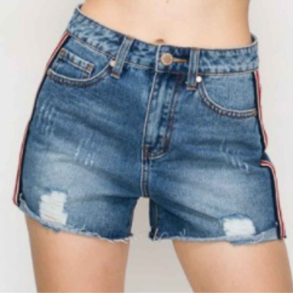 8TH of LA Tuxedo Stripe Distressed Jean Shorts